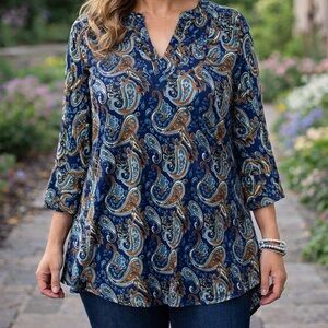 Women's Paisley‎ Print Split V Neck 3/4 Sleeve Tunic Top Women's 1X